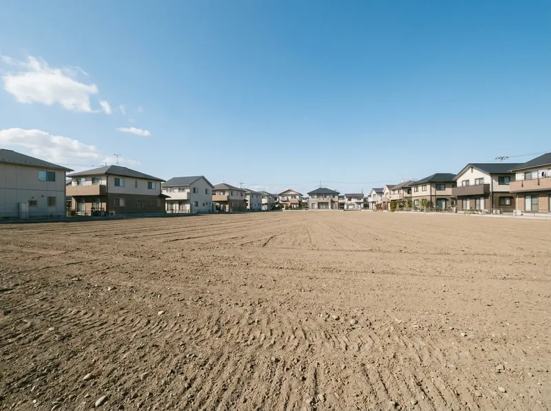 整地された住宅用の土地と、その先の家並みと青空(イメージ)